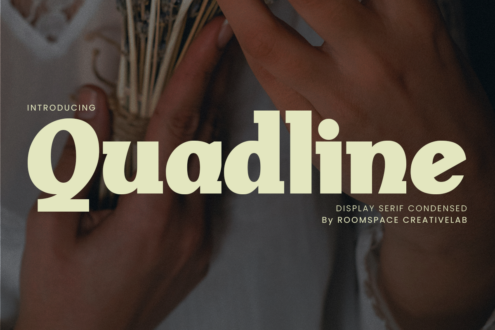 Cream condensed serif typeface Quadline displayed over blurred hands holding rope