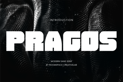 Close-up texture fabric background with large white text PRAGOS modern sans serif
