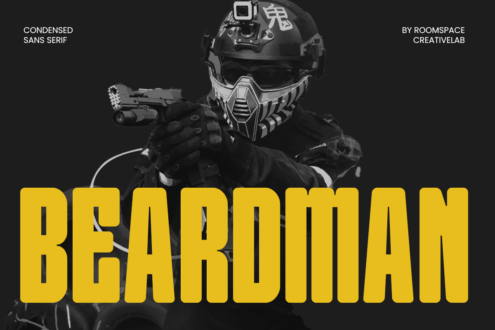 Beardman yellow condensed sans serif font with soldier tactical helmet image