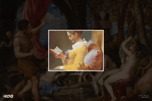 Portrait of a girl in a yellow dress reading a book, superimposed on a dark classical painting background. Perfect for artistic digital mockups.