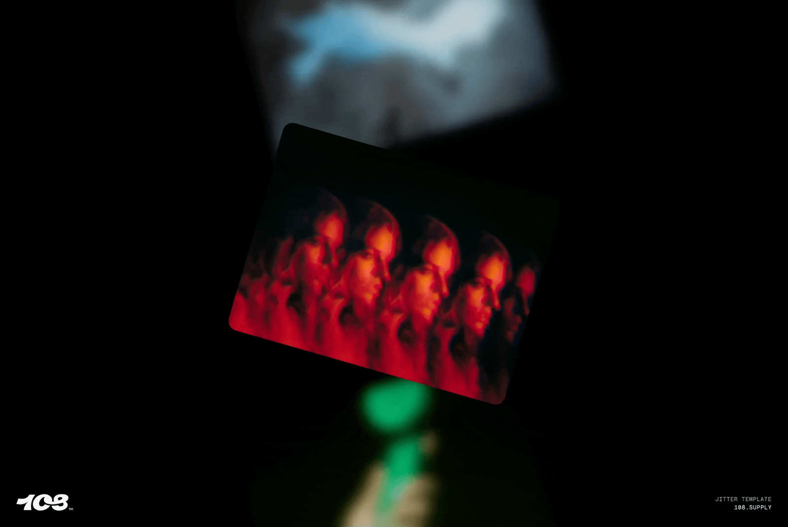 Digital template featuring abstract design with repeated red faces in motion blur on dark background ideal for graphic designers and creatives.
