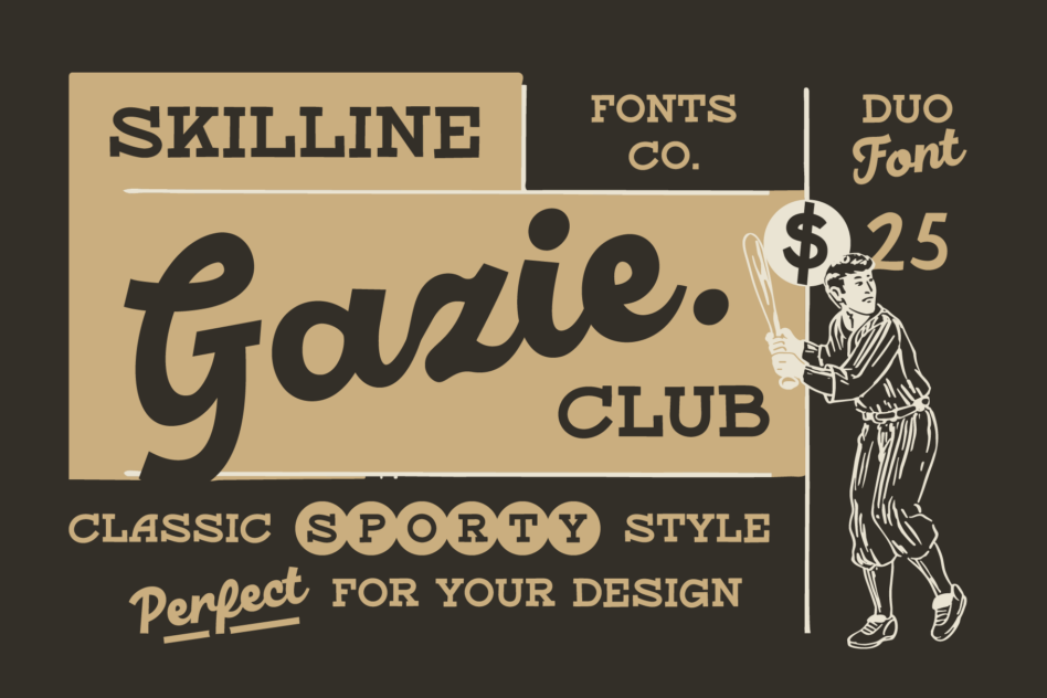 Skillline Fonts Co retro baseball club ad with player illustration dollar price