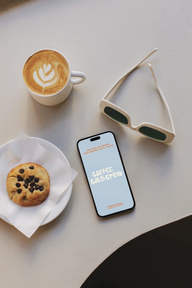 iPhone mockup displaying Coffee Collection between latte cup, cookie, green sunglasses flat lay