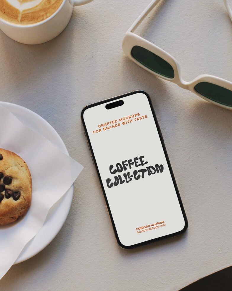 iPhone mockup surrounded by latte cup, chocolate chip cookie, green sunglasses on white