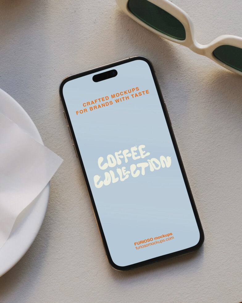 iPhone mockup on neutral surface showing Coffee Collection app screen, green sunglasses nearby
