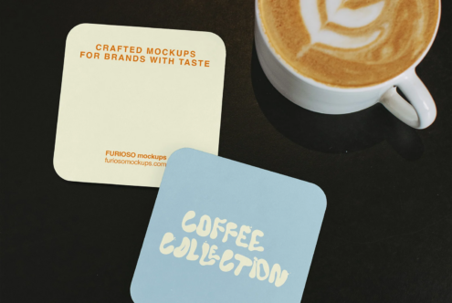 Dark background with latte art cup, cream square card, blue coaster mockup