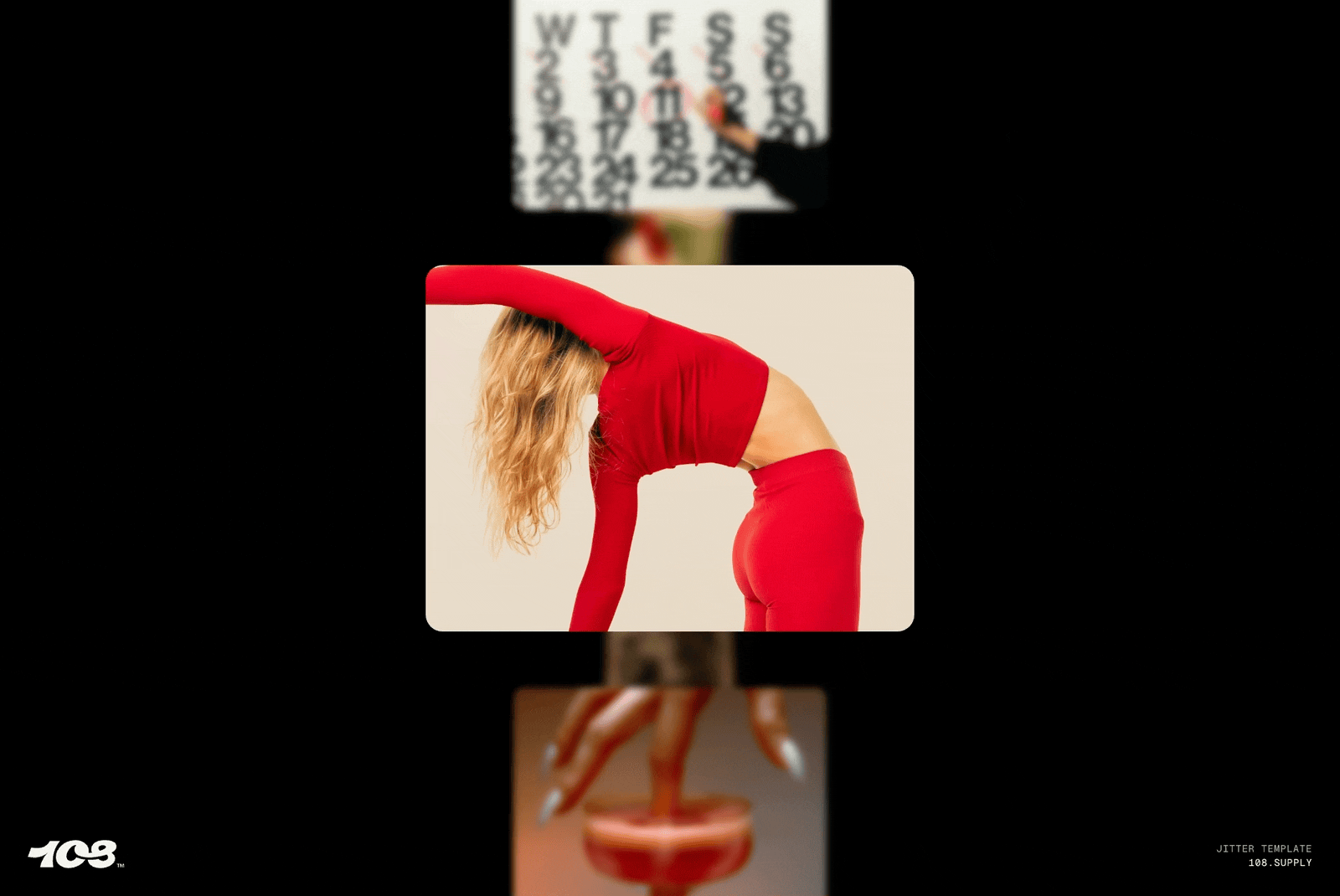 Dynamic digital template featuring a woman in vibrant red activewear with flowing blonde hair. Ideal for graphic designers seeking vibrant mockup assets.