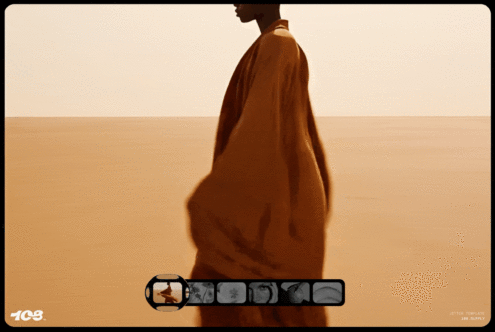 Person in flowing robe walking in sandy landscape with sepia filter. Minimalist graphic for mockup or template design. Dramatic desert scene.