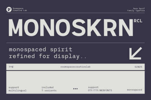 Monoskrn sans serif typeface specimen by Roomspace Creative Lab with details