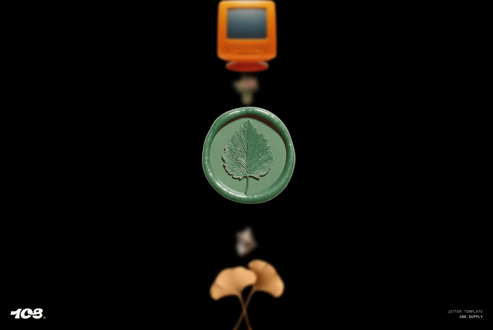 Vintage computer with a retro look, seal featuring a green leaf imprint, ideal for digital mockups and graphic design projects. Black background.