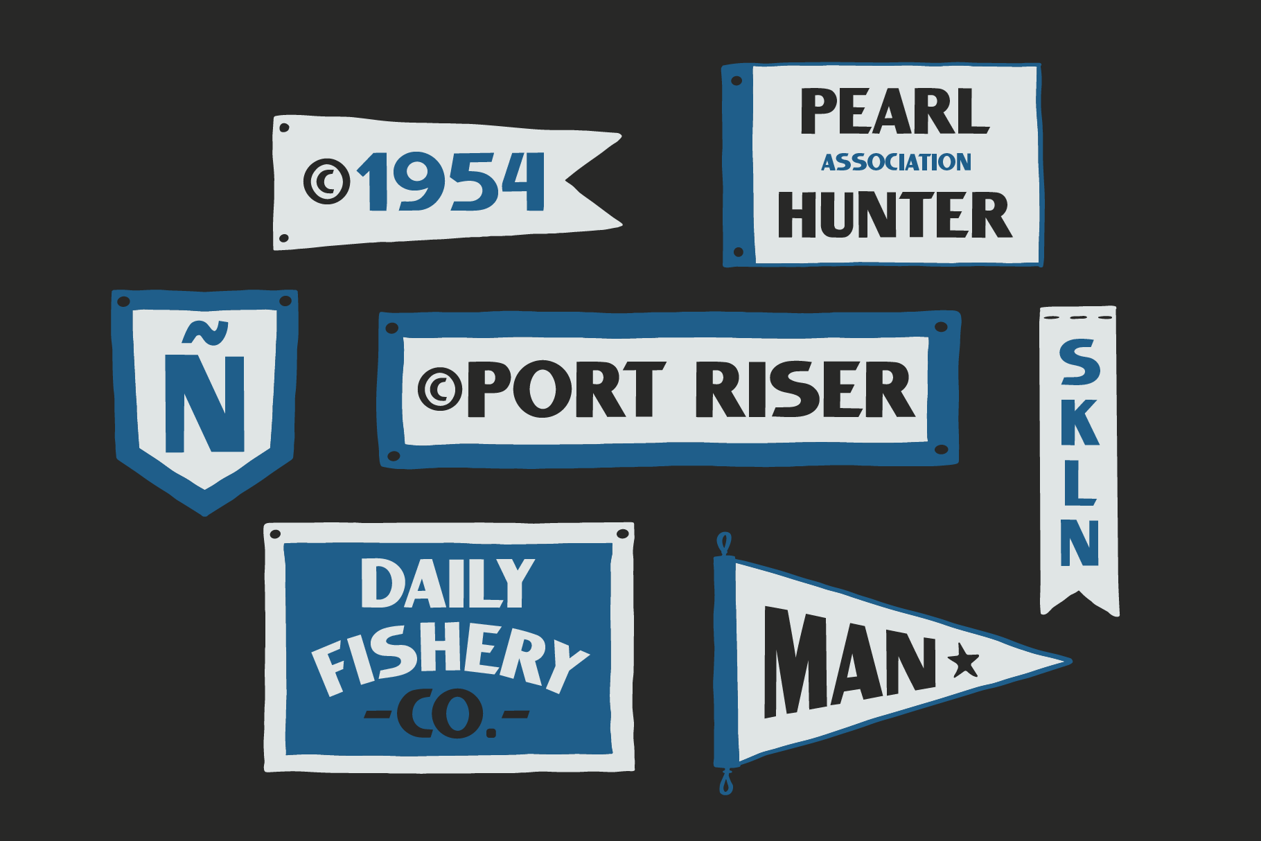 Vintage nautical badges collection with fishery co. labels