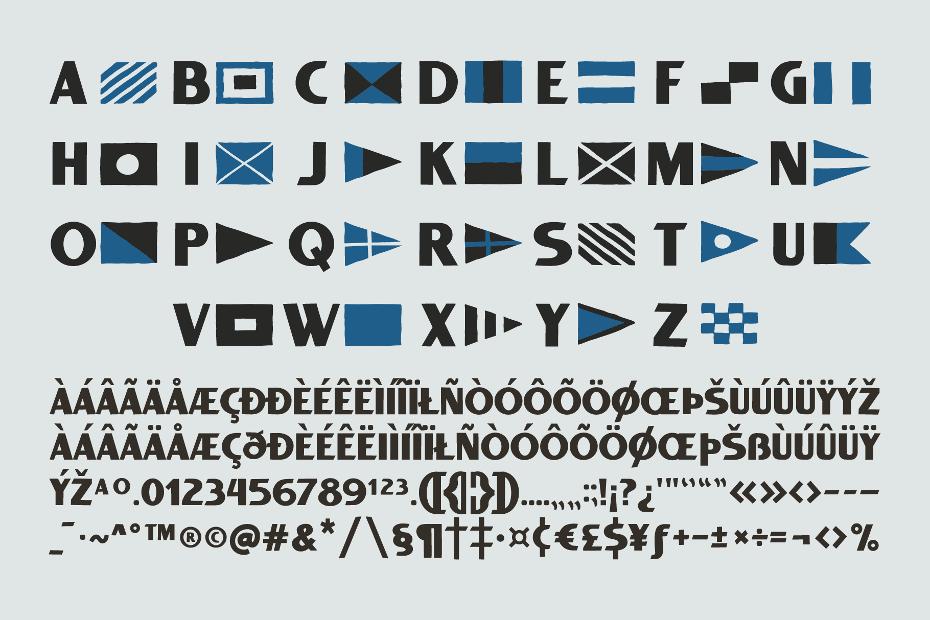 Port Riser font alphabet showing uppercase, lowercase, numbers plus symbols