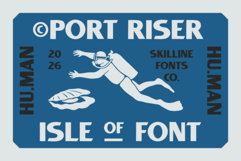 Sport Riser retro font package showing diver illustration on blue background