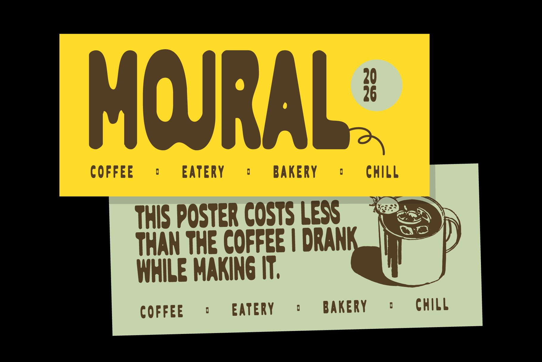 Vintage style poster for Moural cafe showing coffee pot with yellow background cutout design