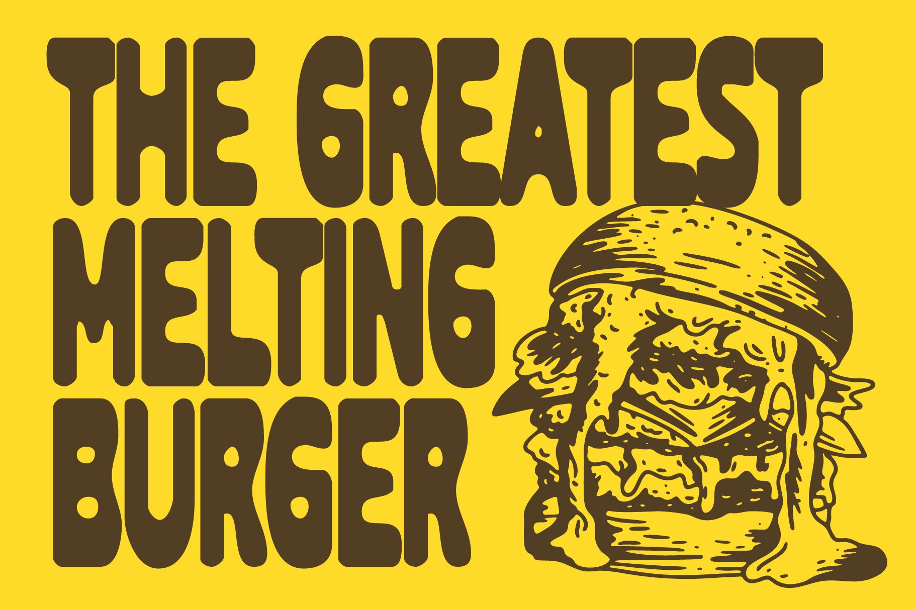 Bold retro poster typography saying Greatest Melting Burger with dripping burger illustration on yellow