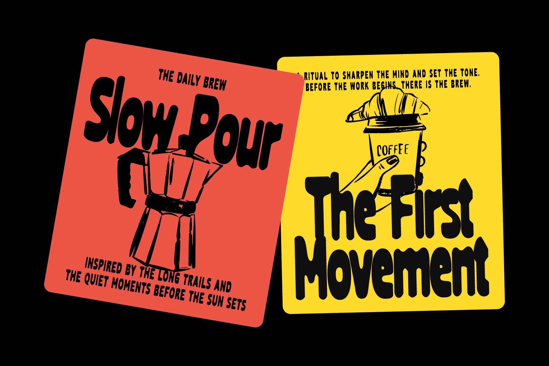 Two retro design cards showing coffee themes with moka pot, croissant, cup illustrations