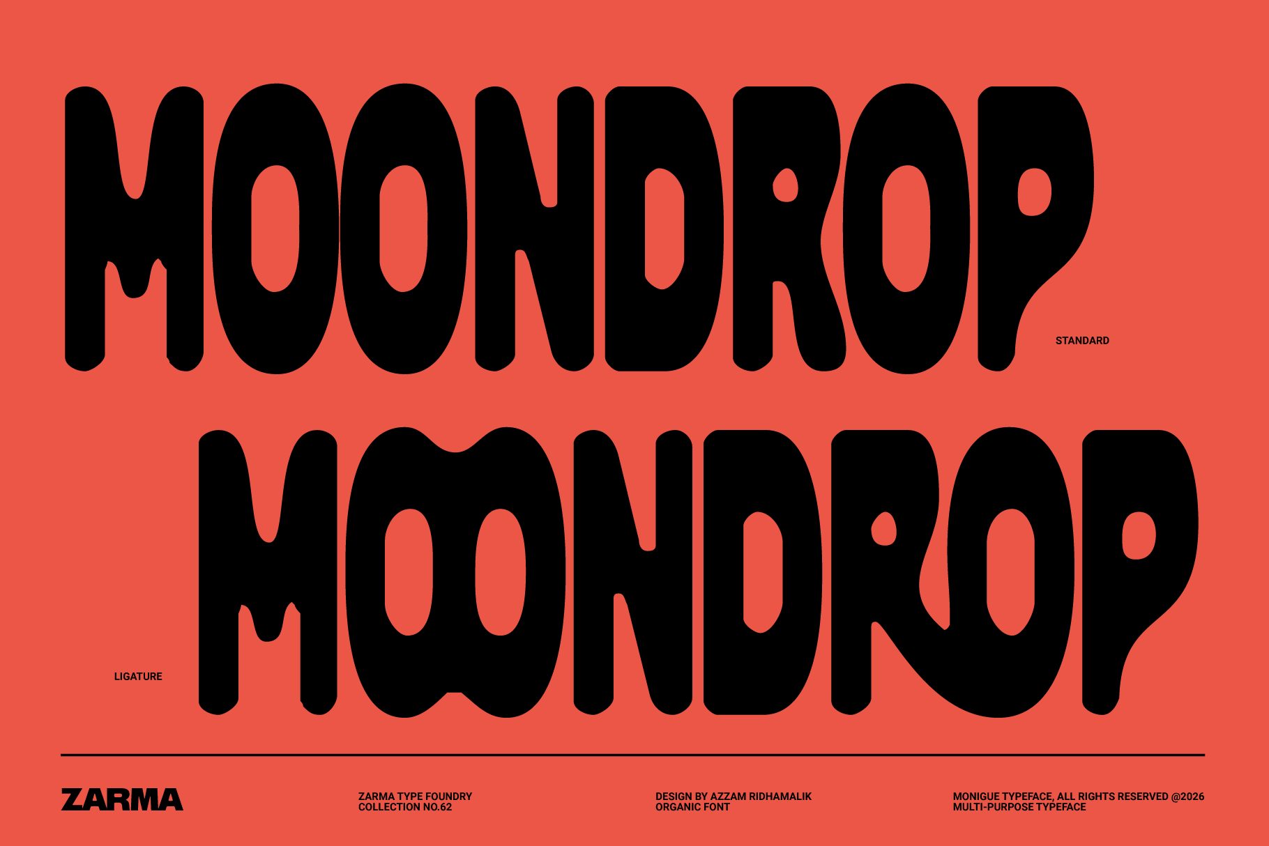 Mondrop typeface in standard plus ligature weights displayed large on coral background