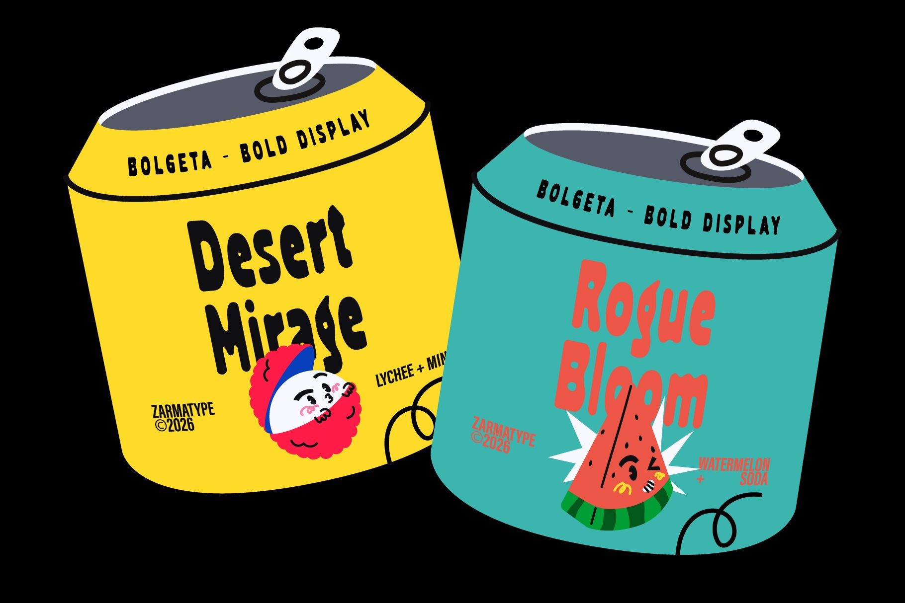 Two colorful spray cans with bold typeface labels for Desert Mirage plus Rogue Bloom packaging