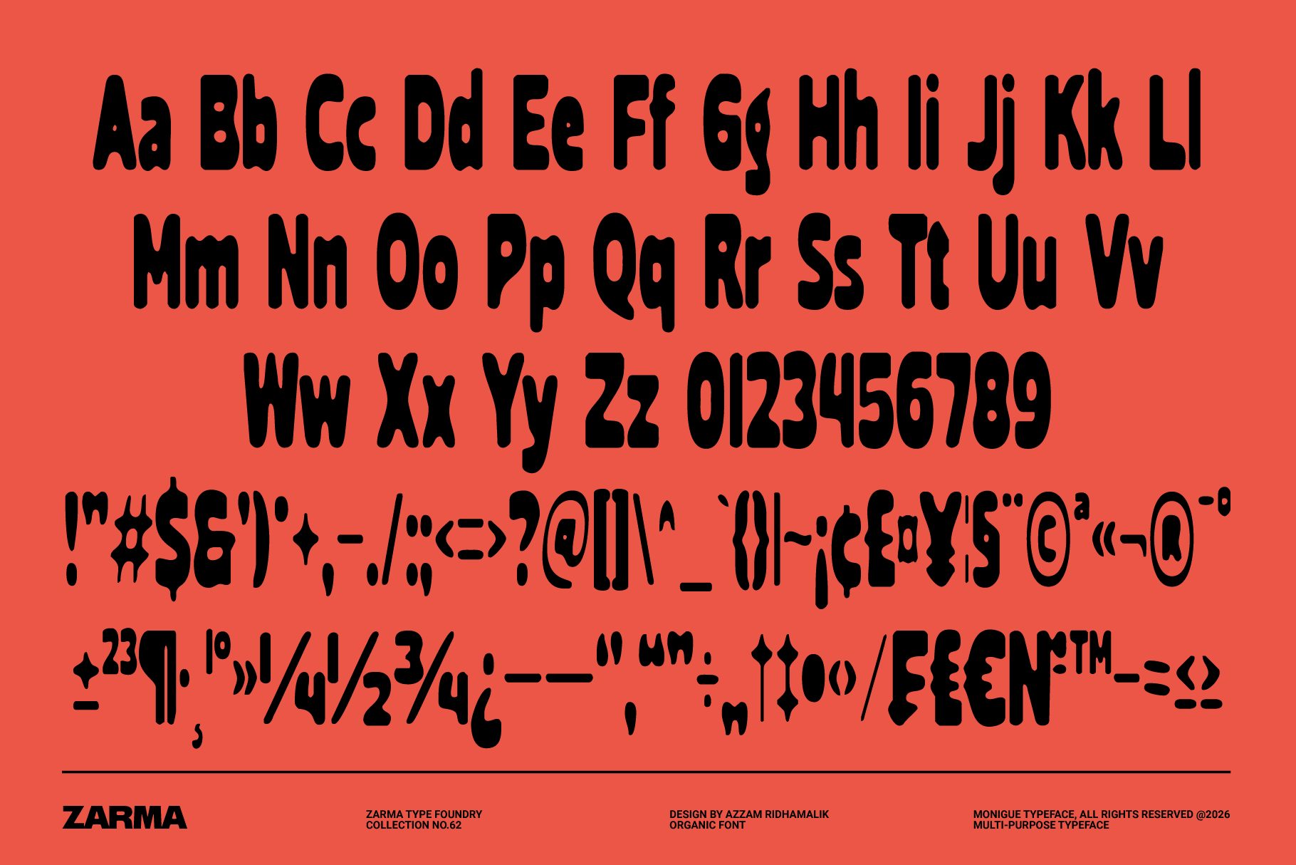 Zarma typeface showing full character set with letters, numbers, symbols on coral background