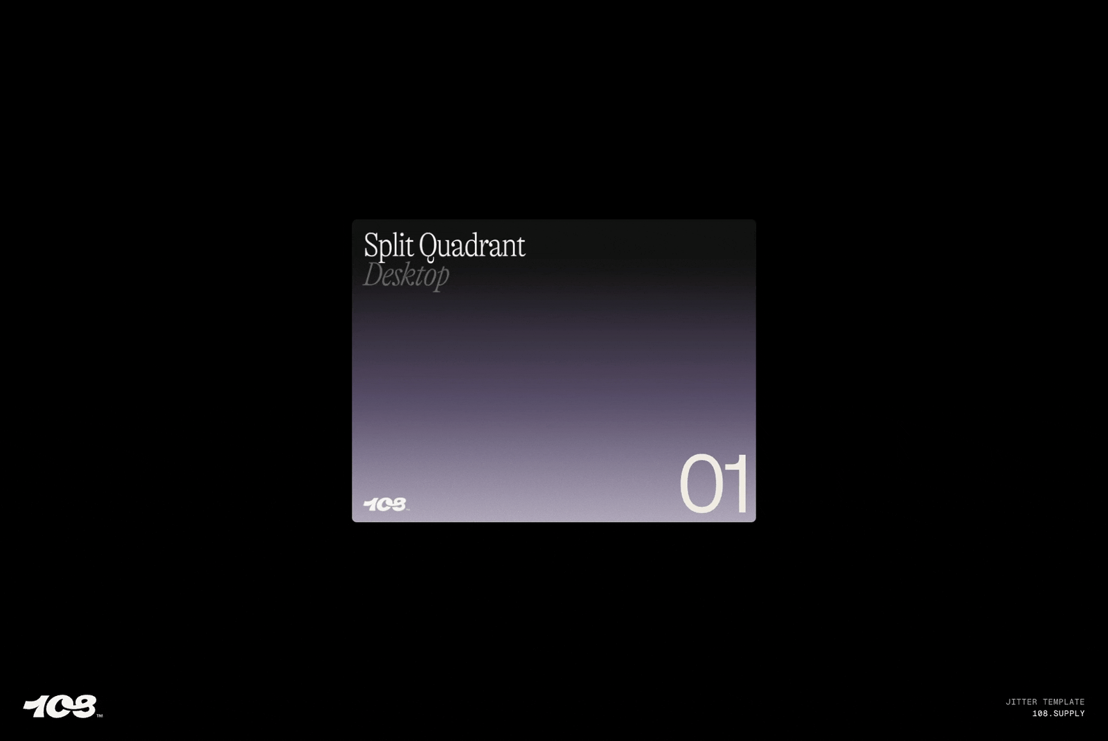 Gradient purple black background graphic with text Split Quadrant Desktop and number 01. Ideal for mockup design or template use by designers.