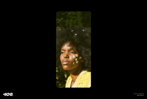 Template for digital designers showcasing a woman with floral accents in afro hairstyle. Ideal for fashion designs and creative mockups. Nature, portrait.