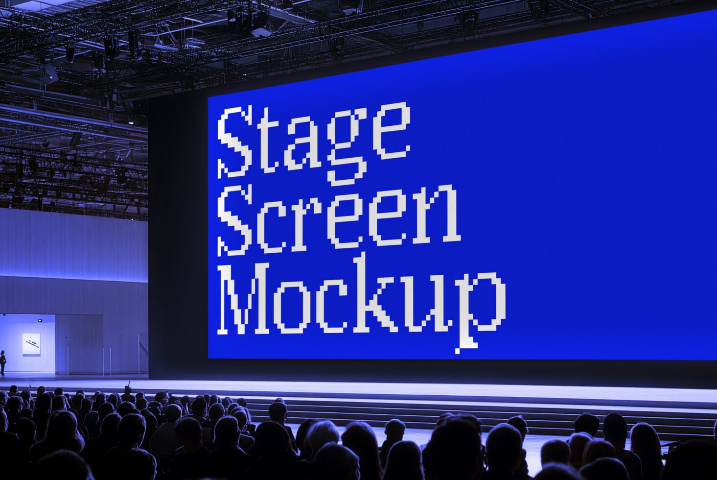 Large LED screen displaying pixelated "Stage Screen Mockup" text in bright white on electric blue background