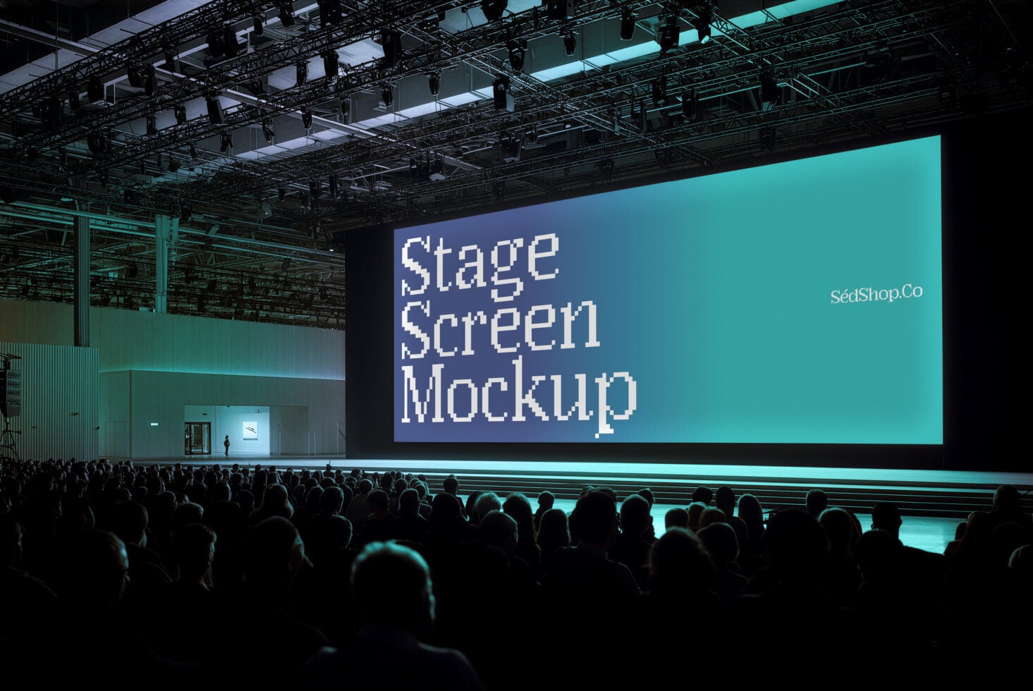 Large stage screen mockup with pixelated text on turquoise gradient background, crowd silhouettes below