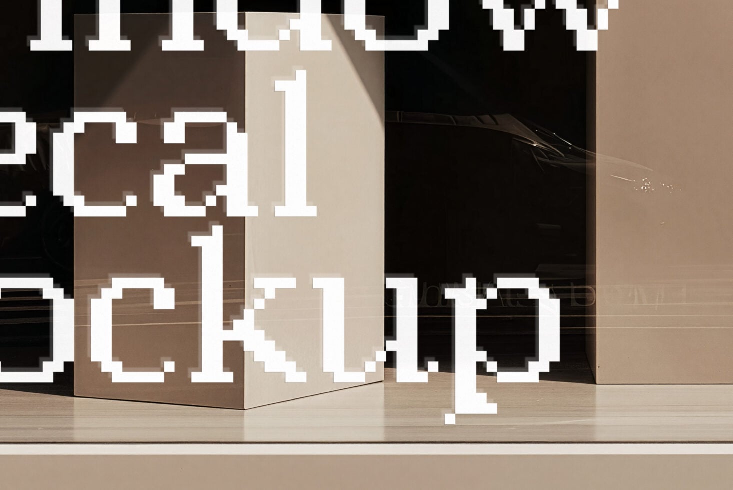 Pixelated glitch effect overlaying minimalist product boxes on neutral beige backdrop