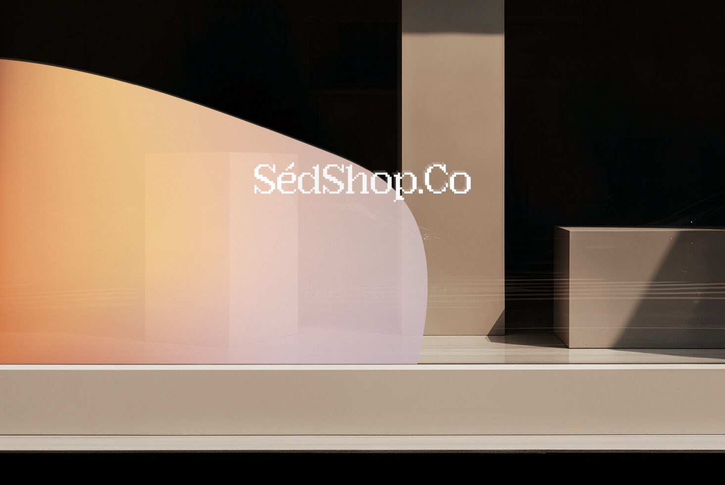 Minimal product display mockup with geometric shapes casting warm shadows across neutral tones