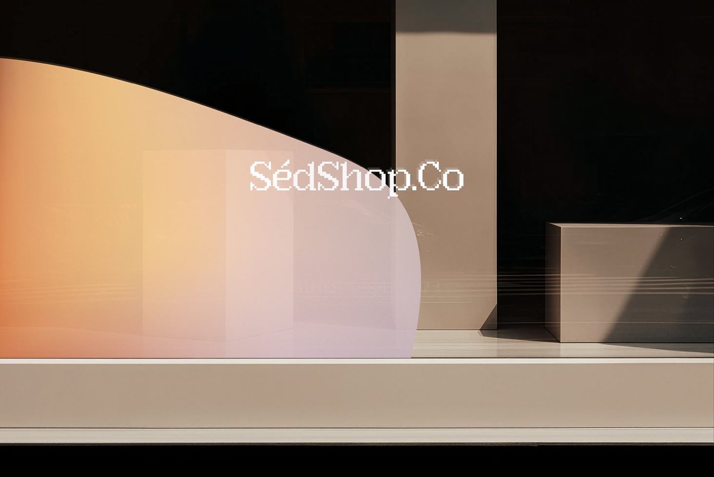 Minimal product display with geometric boxes on beige shelf, warm gradient backdrop, modern branding mockup