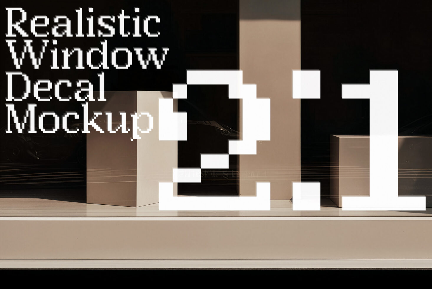 Window decal mockup with geometric white shapes on realistic interior scene