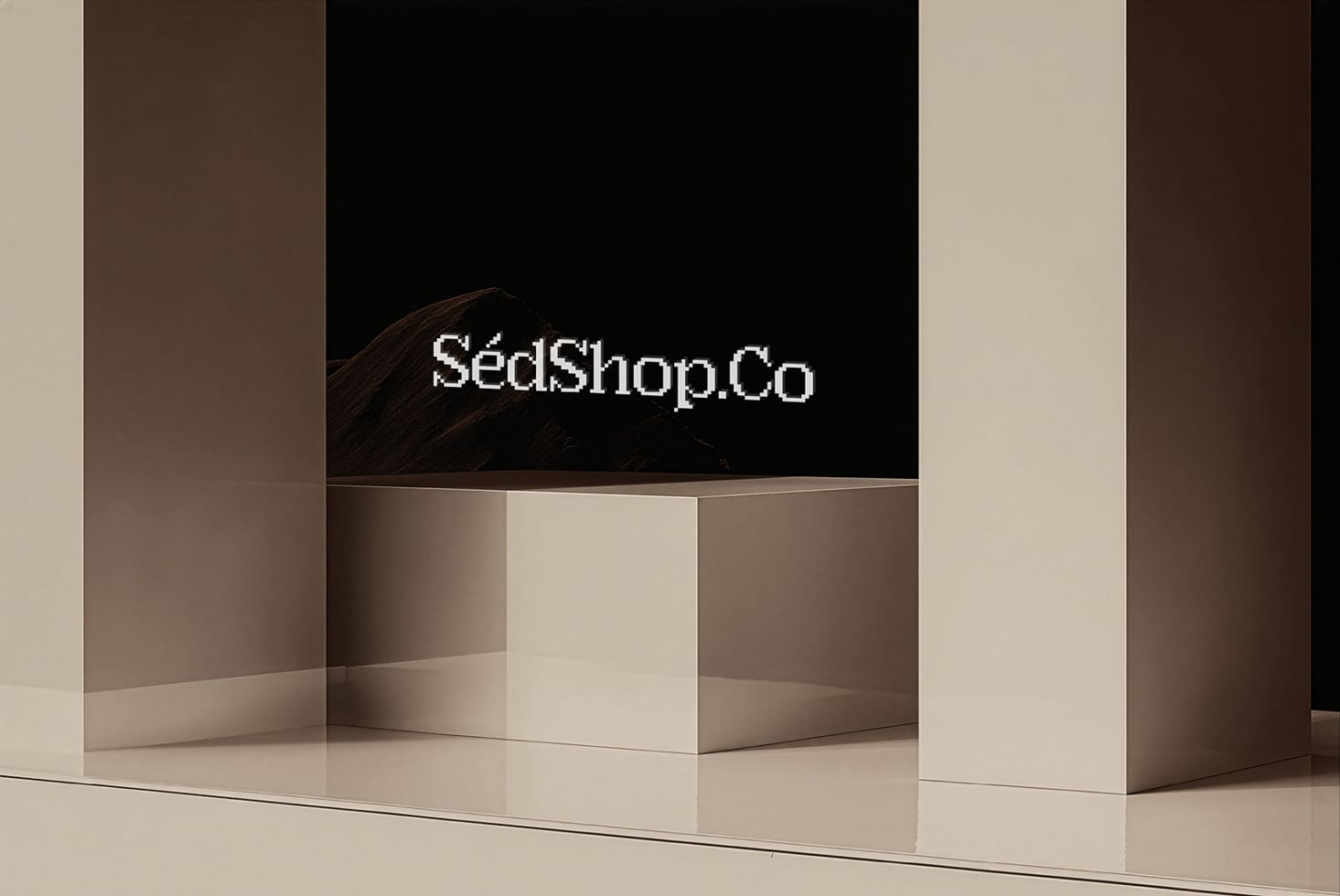 Luxury retail storefront mockup with cream columns, black display window, monochrome branding