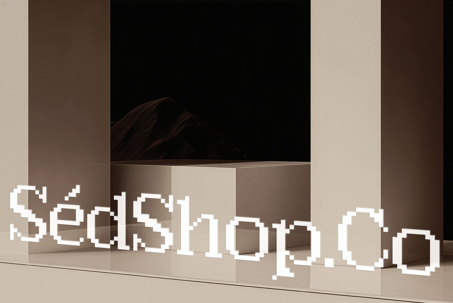 Pixelated white text overlay on minimal beige columns with dark backdrop, moody product shot