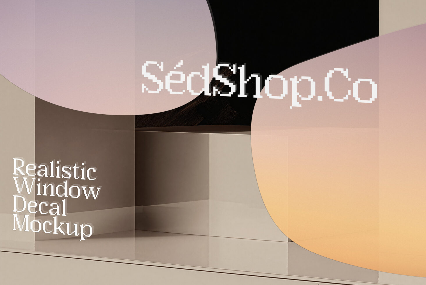 Window decal mockup with organic shapes, soft pastels, pixel font on minimalist storefront display