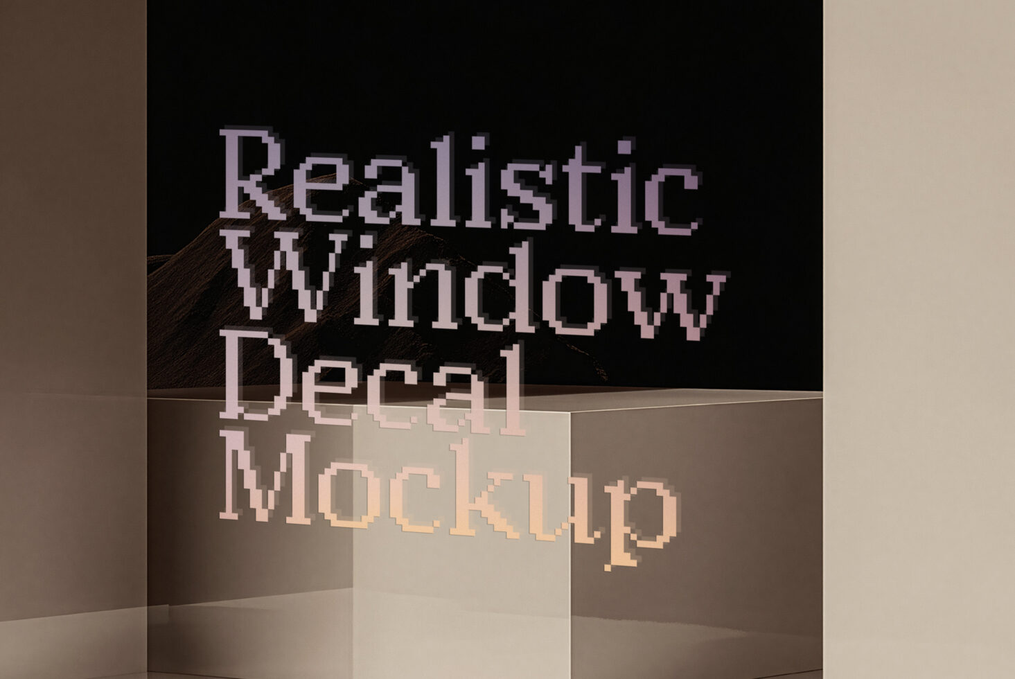 Pixelated text overlay on a realistic 3D room with beige walls, dark window, brown side panels