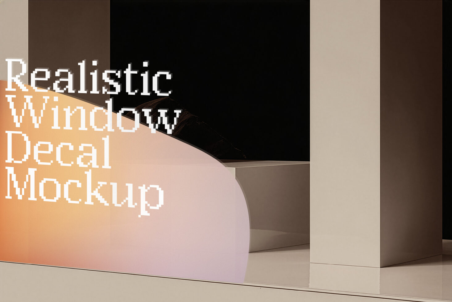 Curved decal on window display with geometric boxes, warm tones, minimalist setup