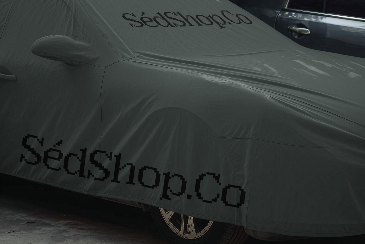 Car cover mockup on sedan with pixelated text showing branding placement