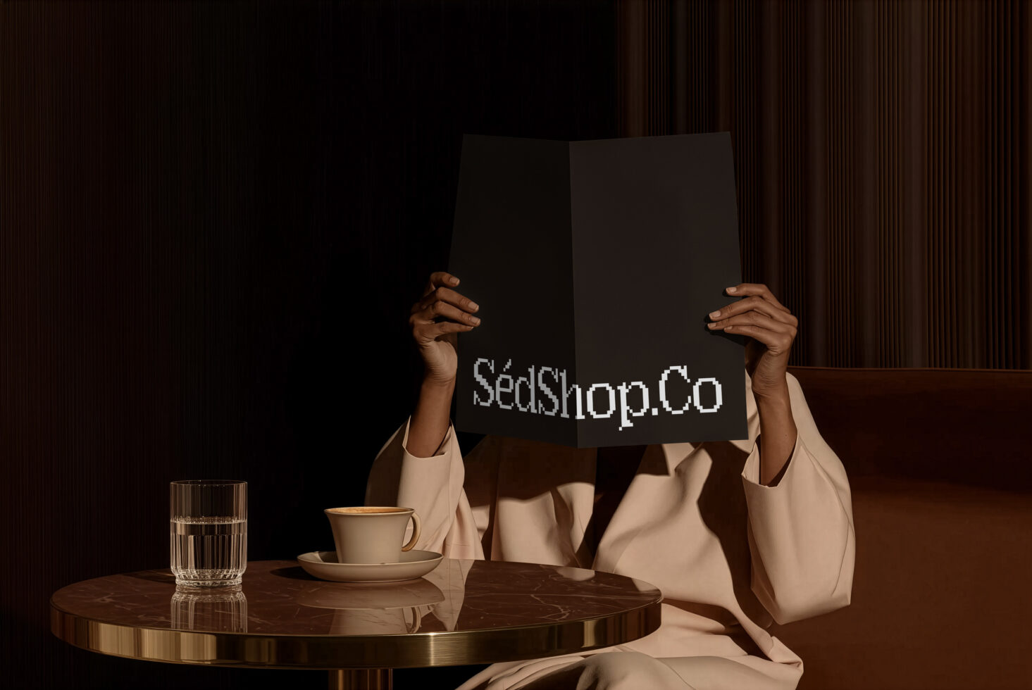 Person holding up black card mockup at table with coffee, cup, glass in moody lighting