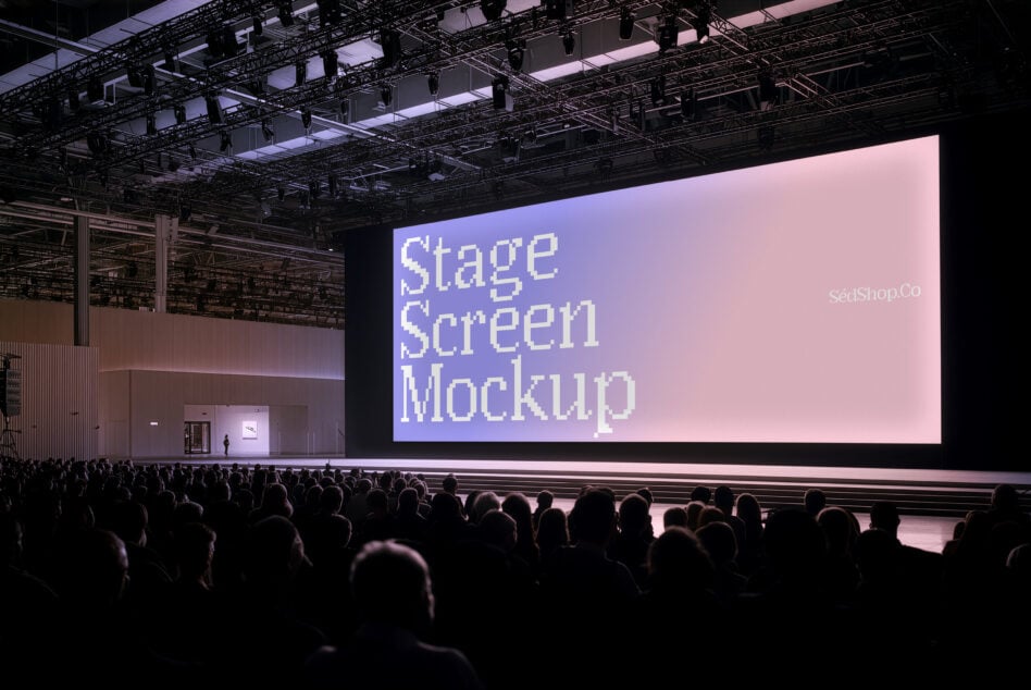 Large venue projection screen mockup with pixel font display in gradient pink lighting