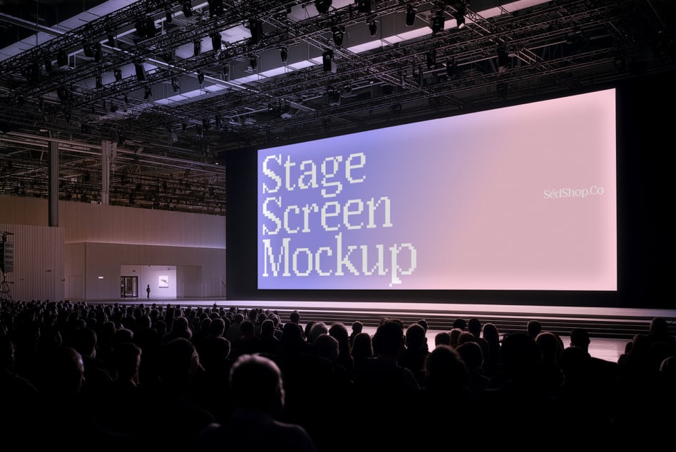 Large projection screen at concert venue with pixel art text on pink gradient backdrop