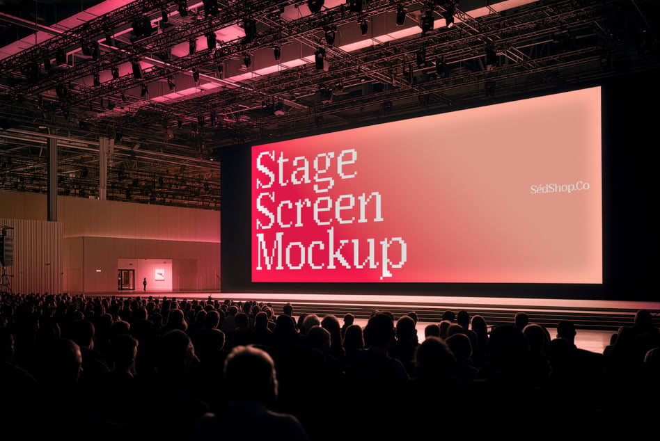 Large auditorium stage with crowd viewing bright pink screen displaying pixelated text mockup