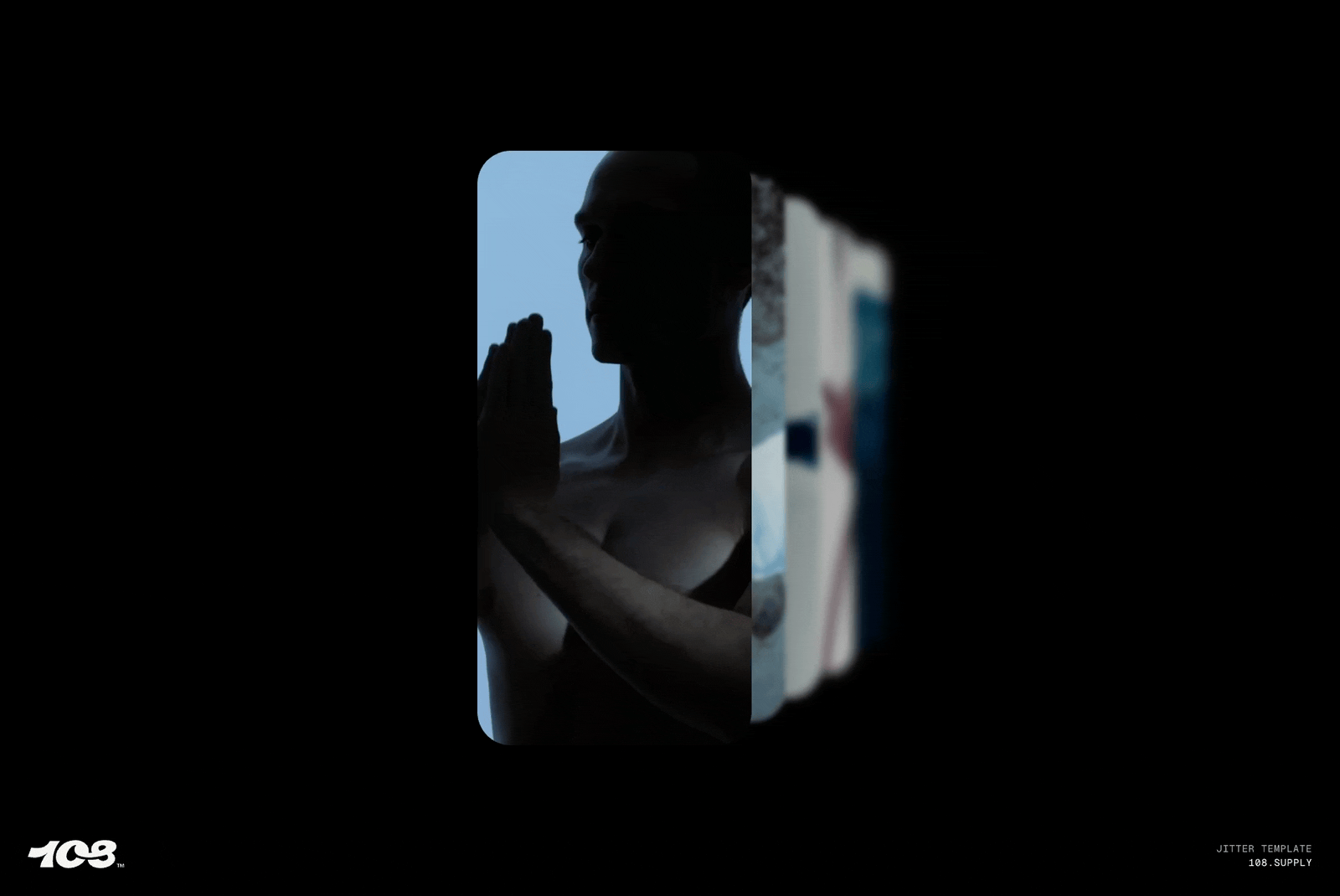 Silhouette of a person in prayer pose on a rotating digital screen mockup in dark ambient environment optimal for designers' presentations and graphics.