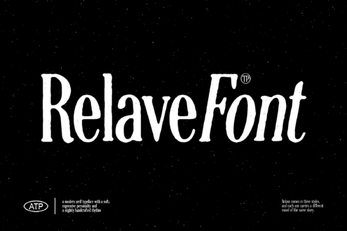 Relave Font display in white serif typeface on starry black background with ATP logo
