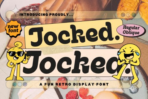 Jocked Jocked retro display font showcase with yellow mascots, food photography