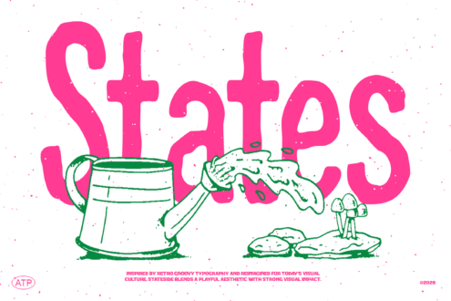 States word in pink with watering can, illustrated mushrooms, retro 70s typography style