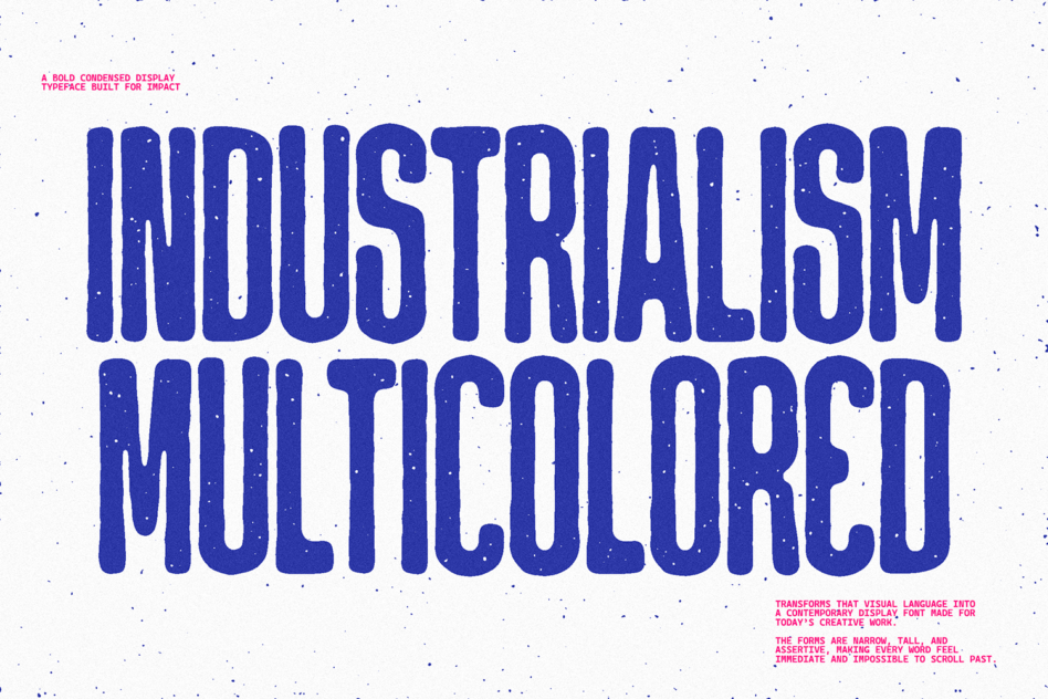 Industrialism typeface showing tall condensed letters with texture