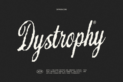 Elegant script font design featuring the word Dystrophy in white on dark background; ideal for designers seeking nostalgic typography assets.