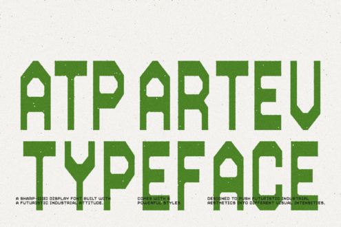 Bold green ATP Artev typeface on textured background showcasing a sharp-edged font with a futuristic industrial design perfect for digital projects.