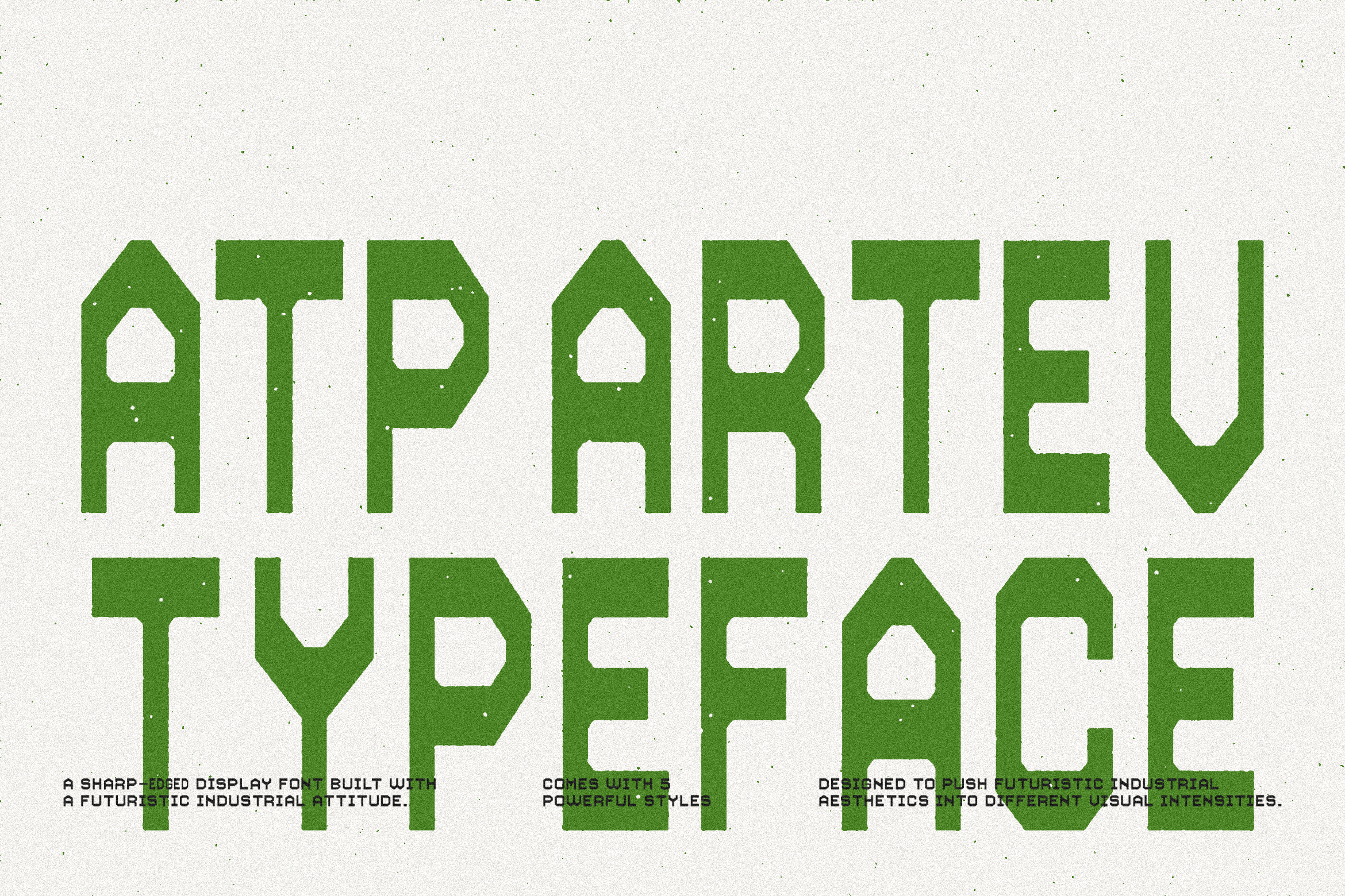 Bold green ATP Artev typeface on textured background showcasing a sharp-edged font with a futuristic industrial design perfect for digital projects.