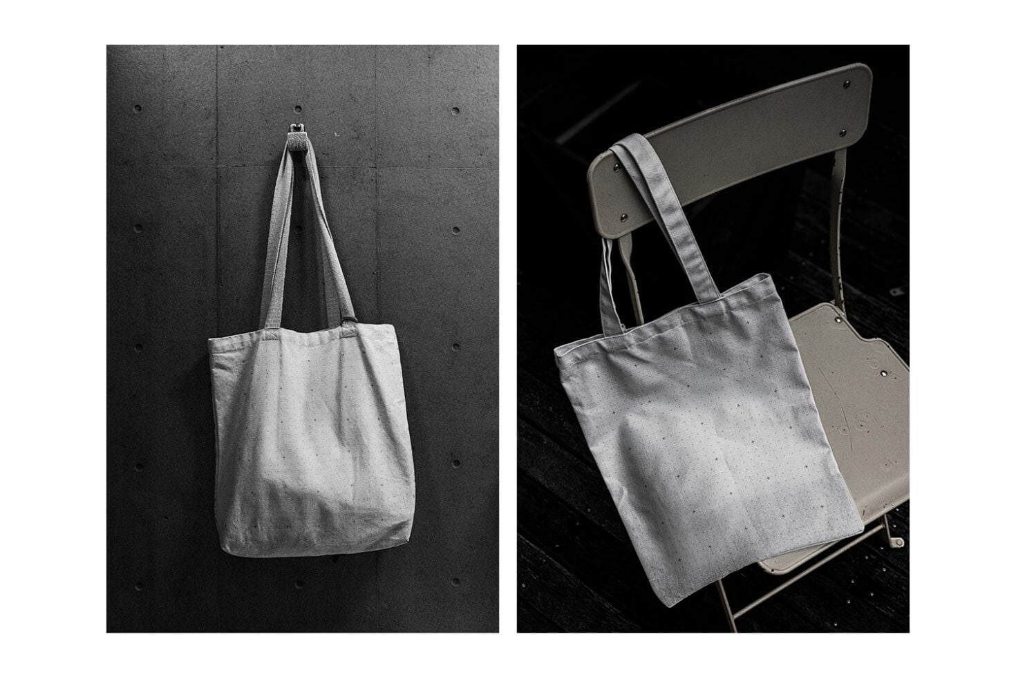 Canvas tote bag mockup in two angles, hung on concrete wall plus sitting on metal chair